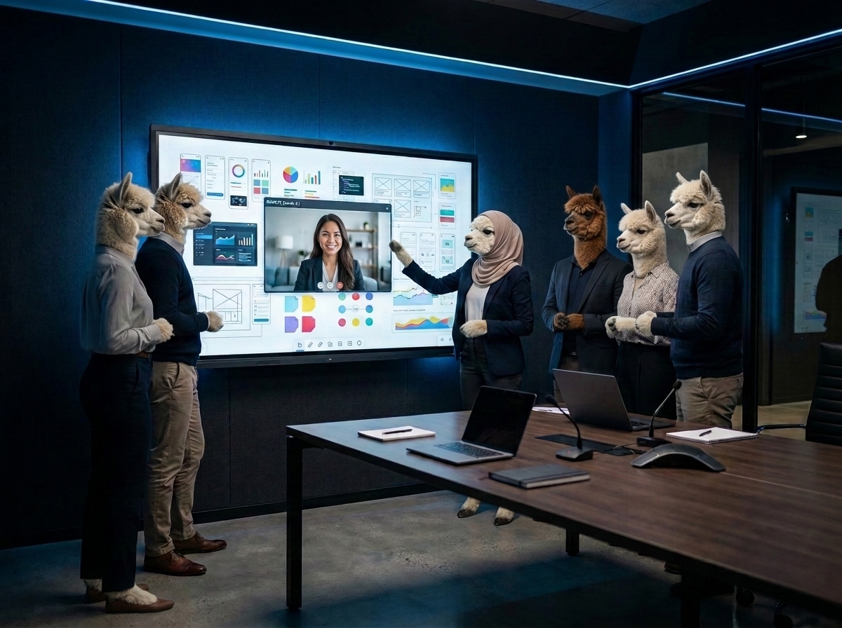 People collaborating around an ipapanx board, in-room and remote