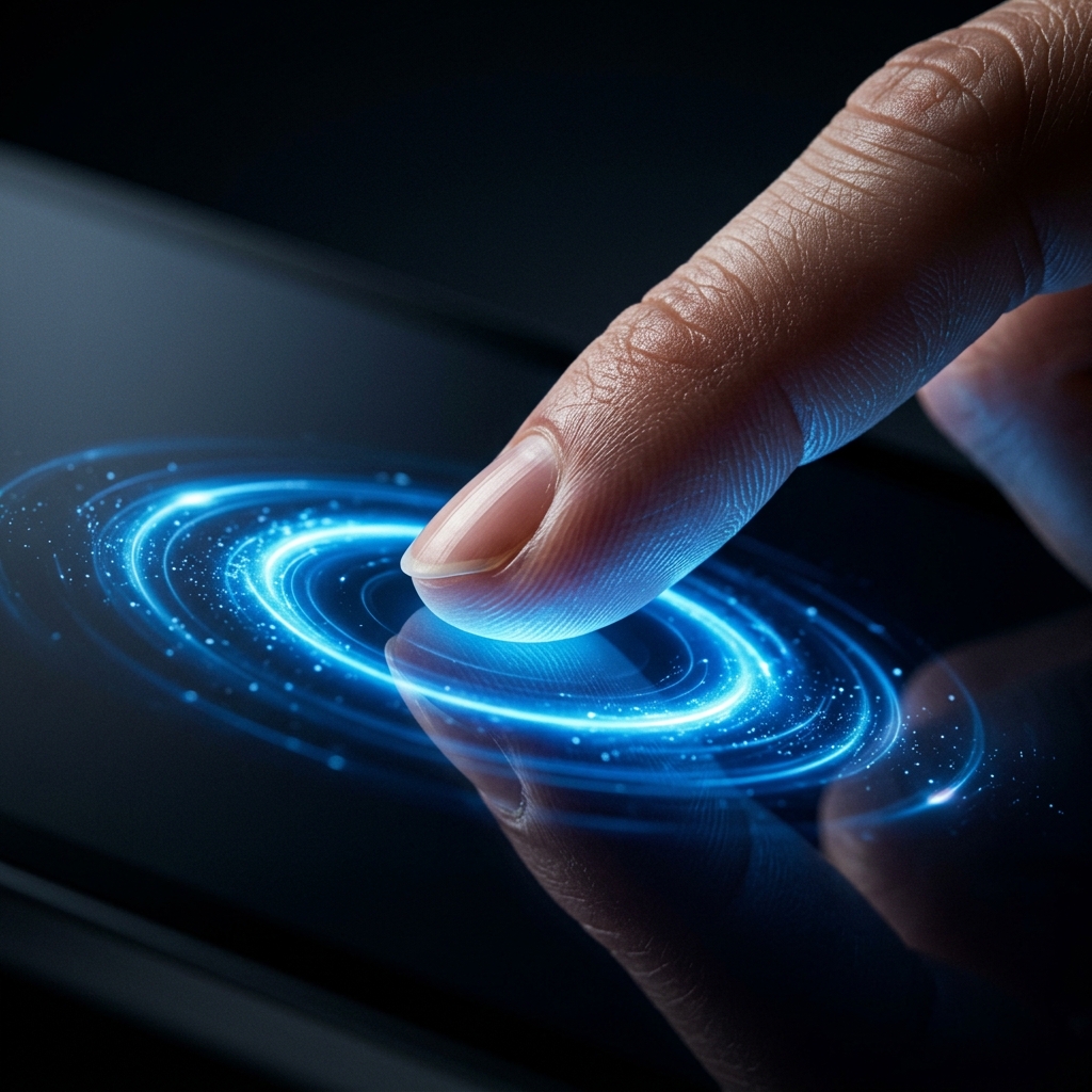 Fingertip touching the ipapanx display with a glowing ripple